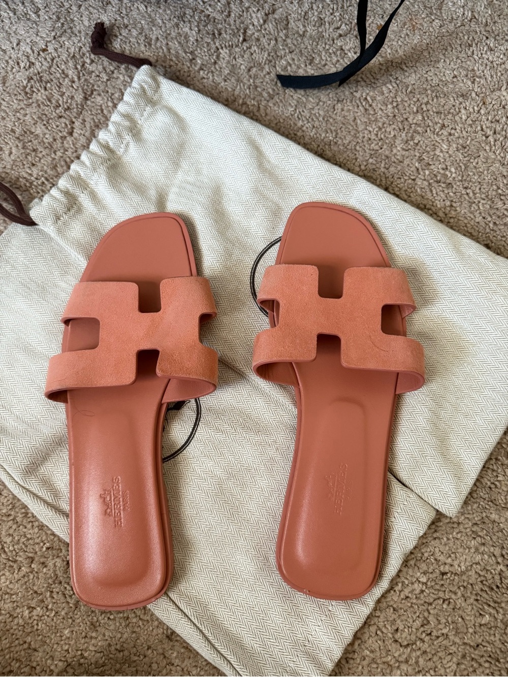 Hermes Terracotta Suede Oran Slide Sandals - Women
